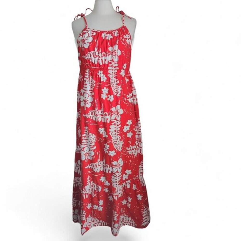 Vintage 1960s Ui-Maikai Royal Hawaiian Maxi Sun Dress Sz‎ L Red & White Hibiscus